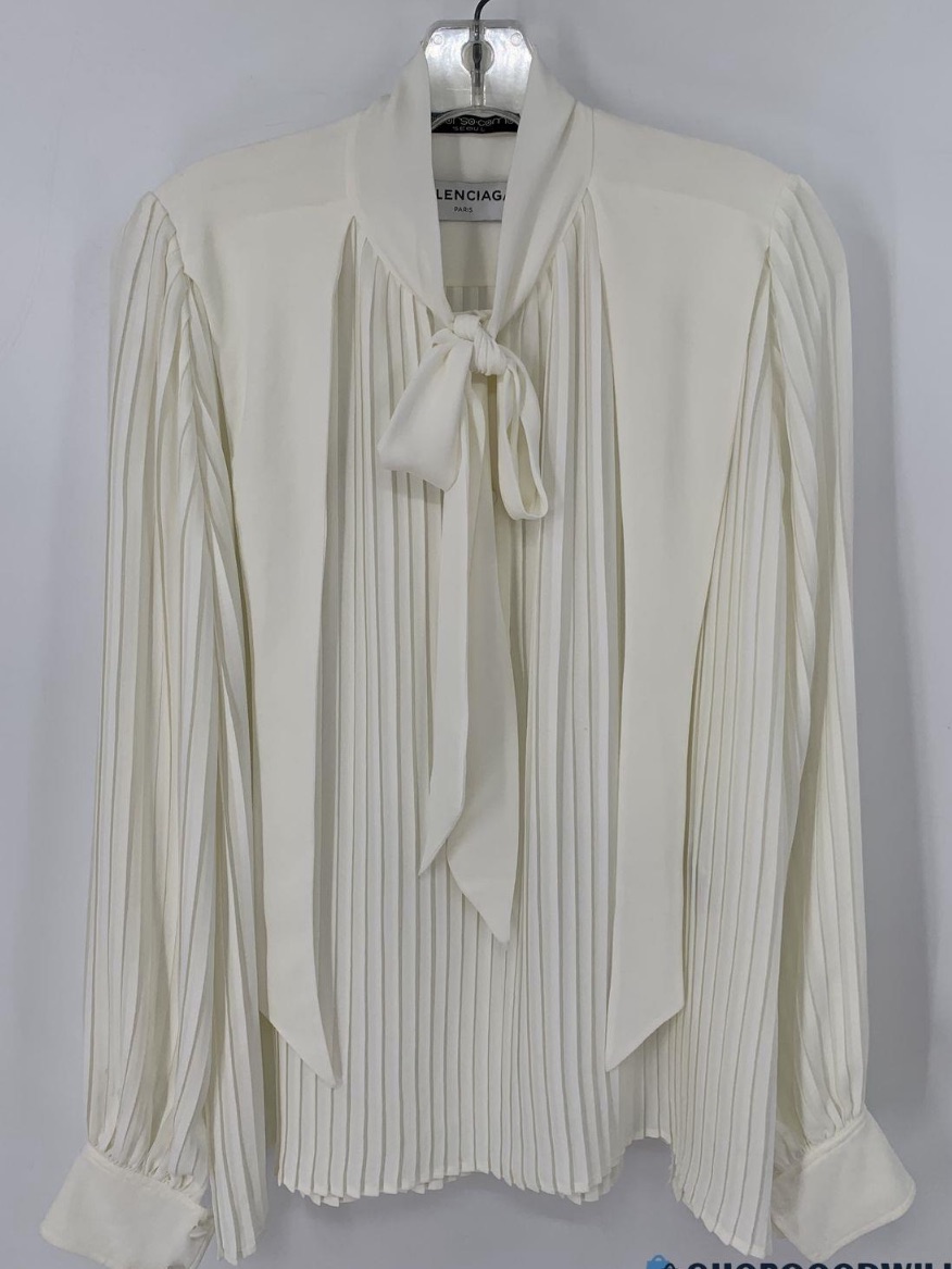 Balenciaga Ivory Pleated Tie-Neck Blouse